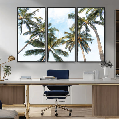 87247012-MGV-CV-36X24-Skyward Palm Trees Wall Art Canvas Print, Framed Tropical Sky Art Picture Print, Coconut Palm Perfect Tropical Skyview Decor