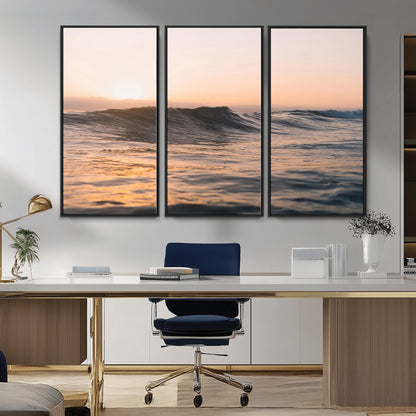 46299358-MGV-CV-36X24-Sunset Waves Wall Art Canvas Print, Framed Ocean Horizon Art Picture Print, Golden Water Perfect Golden Hour Coastal Decor Artwork