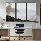 62501405-MGV-CV-36X24-Misty Beach Wall Art Canvas Print, Framed California Surfer Art Picture Print, Coastal Cliff Perfect Coastal Beach Decor Artwork