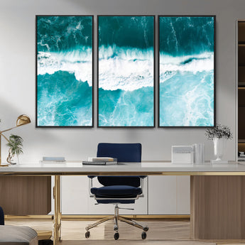 23828594-MGV-CV-36X24-Aerial Waves Wall Art Canvas Print, Framed Ocean Break Art Picture Print, Sea Foam Perfect Tropical Coastal Decor Artwork