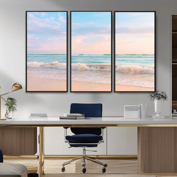 74679437-MGV-CV-36X24-Pastel Ocean Wall Art Canvas Print, Framed Beach Waves Art Picture Print, Soft Sunset Perfect Pastel Coastal Decor Artwork