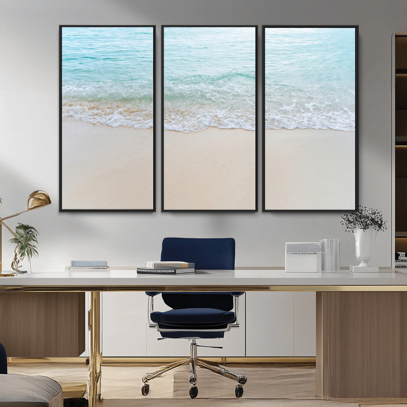 77194056-MGV-CV-36X24-Soft Shoreline Wall Art Canvas Print, Framed Gentle Waves Art Picture Print, Clear Water Perfect Minimalist Coastal Decor Artwork