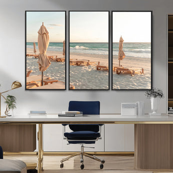 58507949-MGV-CV-36X24-Beach Umbrellas Wall Art Canvas Print, Framed Empty Loungers Art Picture Print, Soft Sand Perfect Minimalist Seaside Decor Artwork