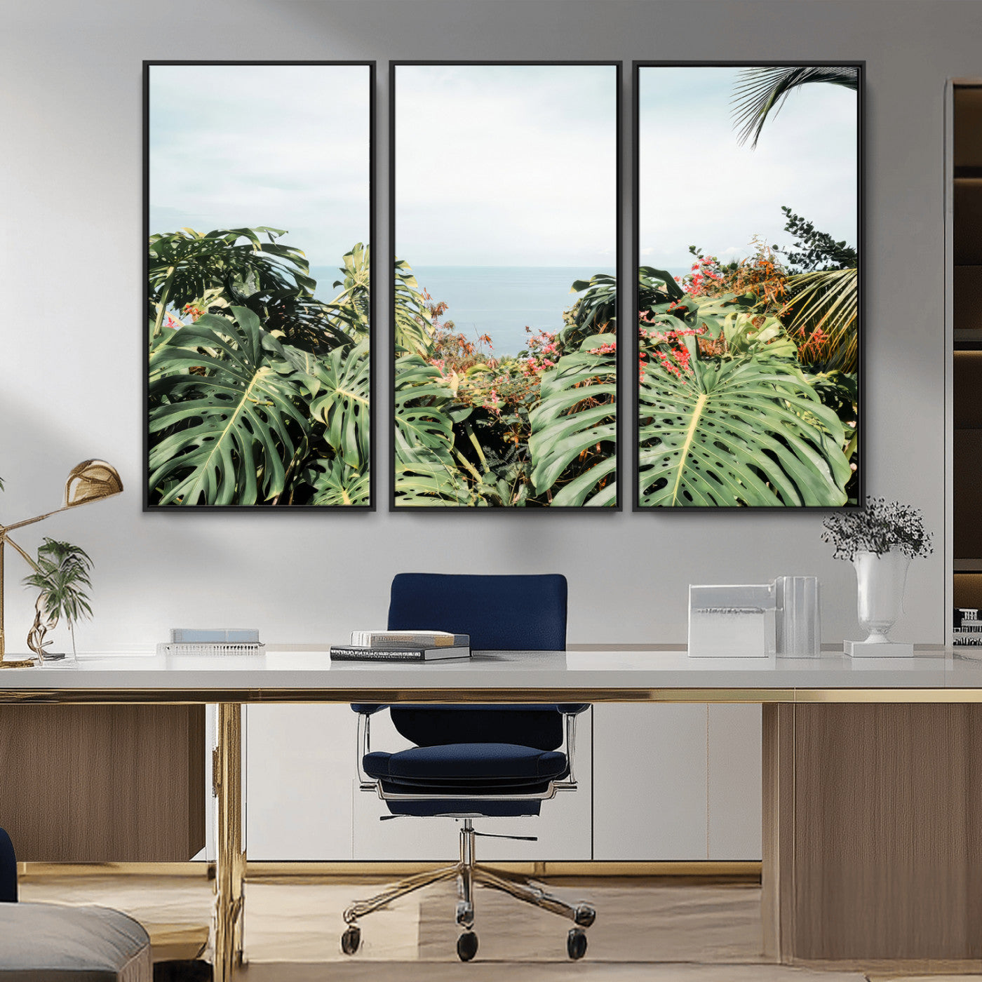 45700479-MGV-CV-36X24-Monstera Leaves Wall Art Canvas Print, Framed Tropical Ocean Art Picture Print, Tropical Foliage Perfect Tropical Coastal Jungle