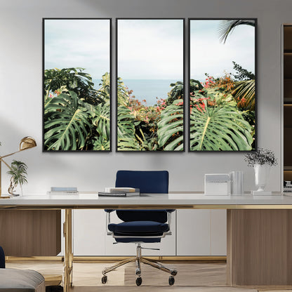 45700479-MGV-CV-36X24-Monstera Leaves Wall Art Canvas Print, Framed Tropical Ocean Art Picture Print, Tropical Foliage Perfect Tropical Coastal Jungle