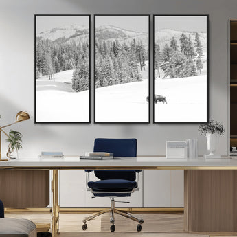 68081143-MGV-FC-48X32-3P_Black-Snowy Bison Wall Art Canvas Print, Framed Winter Forest Art Picture Print, Lone Bison Perfect Monochrome Winter Wild Decor Artwork