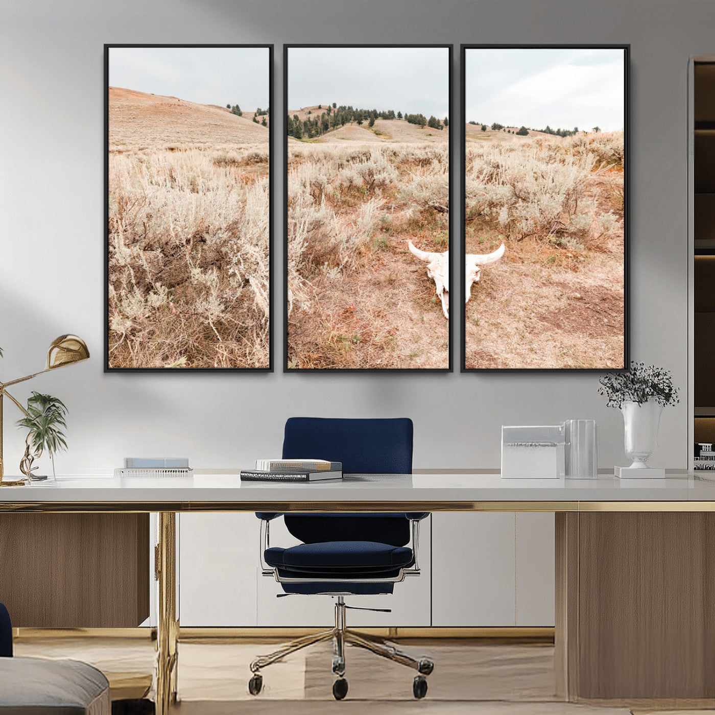 97234735-MGV-CV-36X24-Rustic Bones Wall Art Canvas Print, Framed Desert Sage Art Picture Print, Prairie Skull Perfect Minimal Rustic Decor Artwork