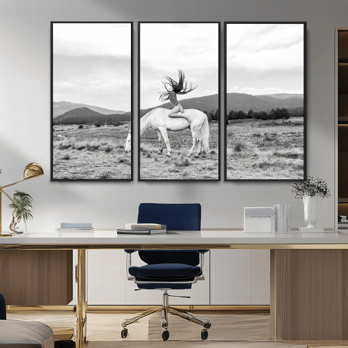 62789800-MGV-CV-36X24-White Horse Wall Art Canvas Print, Framed Woman Rider Art Picture Print, Equestrian Pose Perfect Western Boho Decor Artwork