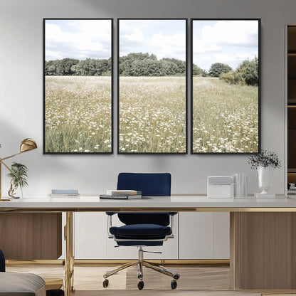 43258946-MGV-CV-36X24-Daisy Field Wall Art Canvas Print, Framed Pastel Flower Art Picture Print, Meadow Bloom Perfect Scandinavian Minimalist Decor