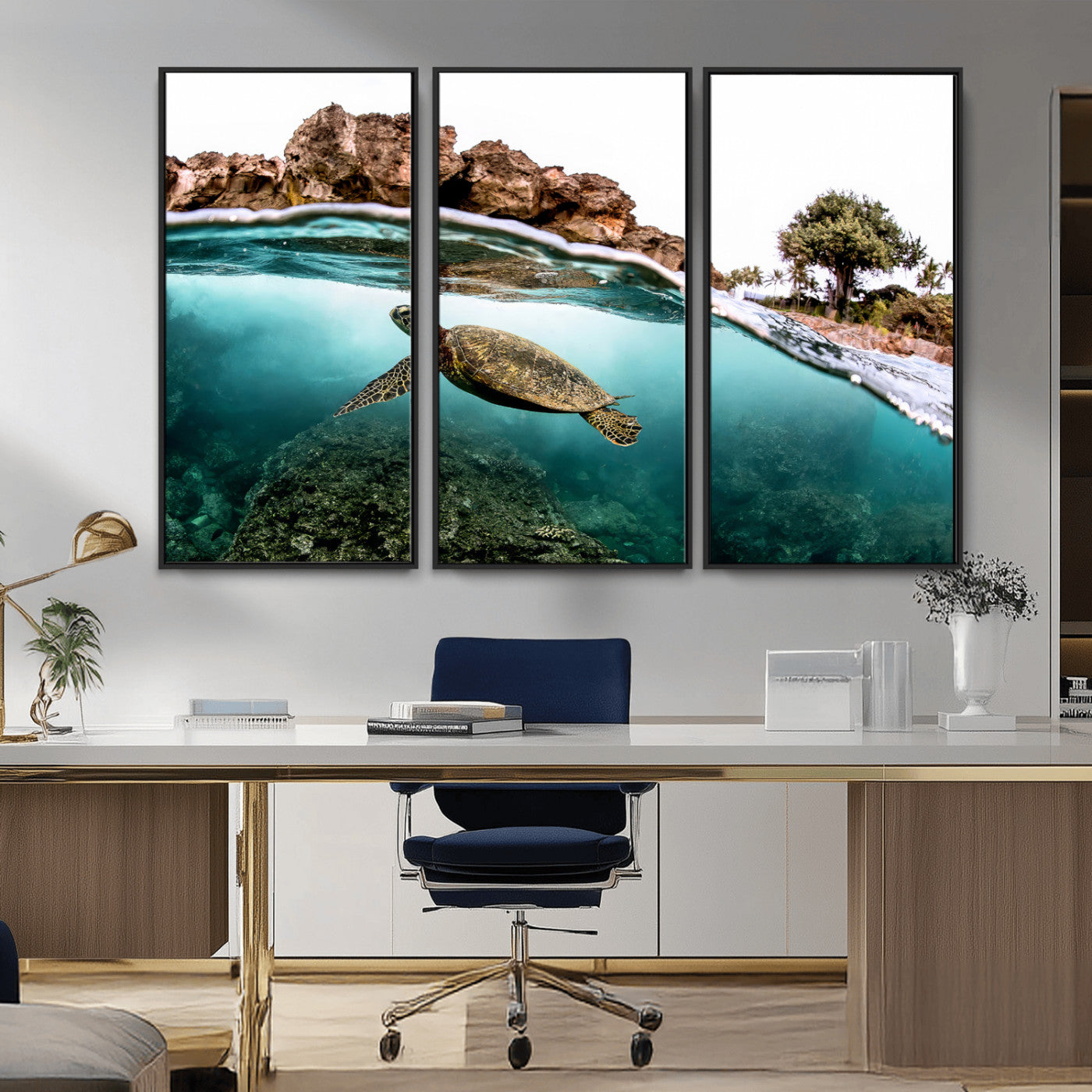 44200301-MGV-FC-48X32-3P_Black-Sea Turtle Swim Wall Art Canvas Print, Framed Ocean Life Art Picture Print, Tropical Shoreline Perfect Tropical Coastal Decor