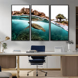 44200301-MGV-FC-48X32-3P_Black-Sea Turtle Swim Wall Art Canvas Print, Framed Ocean Life Art Picture Print, Tropical Shoreline Perfect Tropical Coastal Decor
