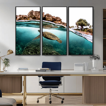 44200301-MGV-FC-48X32-3P_Black-Sea Turtle Swim Wall Art Canvas Print, Framed Ocean Life Art Picture Print, Tropical Shoreline Perfect Tropical Coastal Decor