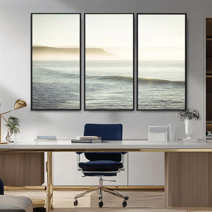 39310633-MGV-FC-48X32-3P_Black-Coastal Cliffs Wall Art Canvas Print, Framed Misty Ocean Art Picture Print, Morning Light Perfect Minimalistic Coastal Decor