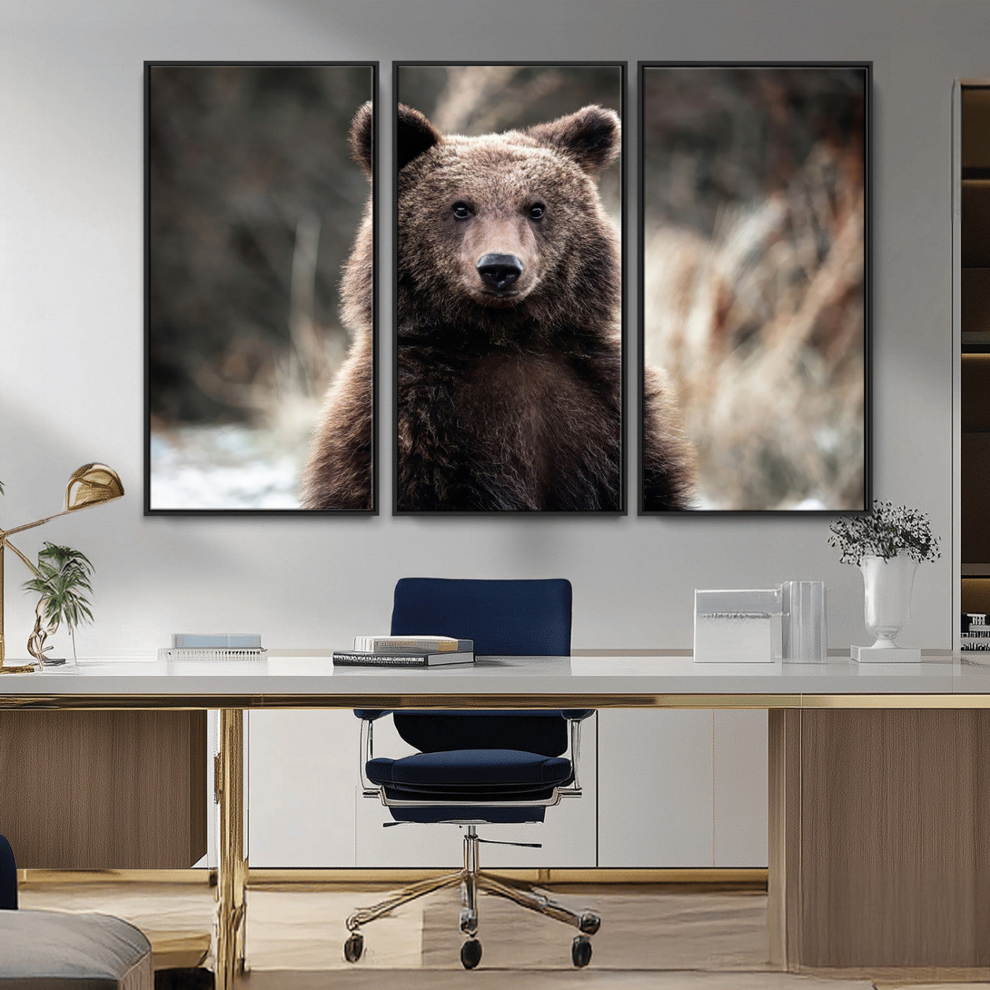 47112103-MGV-FC-48X32-3P_Black-Brown Bear Wall Art Canvas Print, Framed Forest Wildlife Art Picture Print, Woodland Bear Perfect Rustic Cabin Decor Artwork