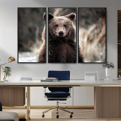 47112103-MGV-FC-48X32-3P_Black-Brown Bear Wall Art Canvas Print, Framed Forest Wildlife Art Picture Print, Woodland Bear Perfect Rustic Cabin Decor Artwork