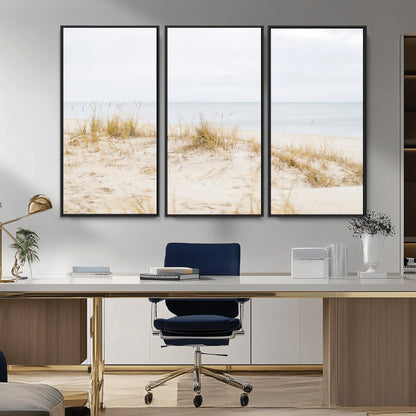 13146857-MGV-CV-36X24-Beach Dunes Wall Art Canvas Print, Framed Soft Horizon Art Picture Print, Coastal Grass Perfect Minimalist Coastal Decor Artwork