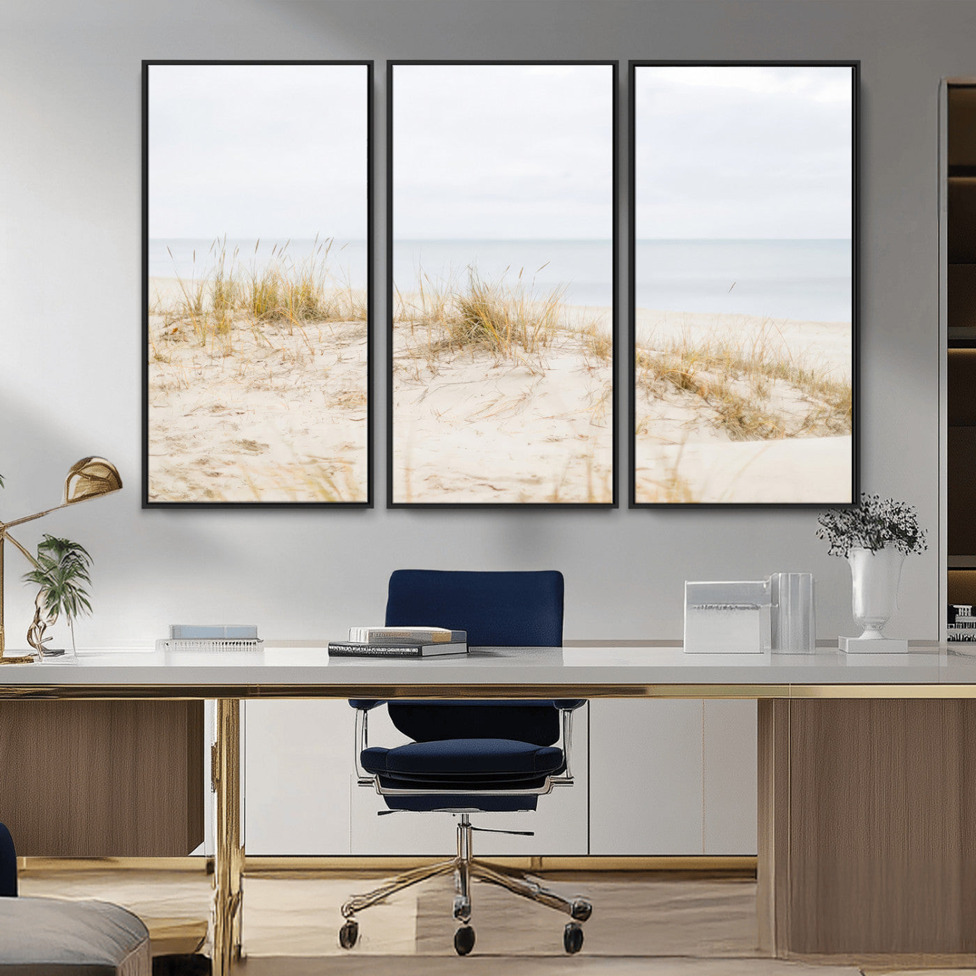 13146857-MGV-CV-36X24-Beach Dunes Wall Art Canvas Print, Framed Soft Horizon Art Picture Print, Coastal Grass Perfect Minimalist Coastal Decor Artwork