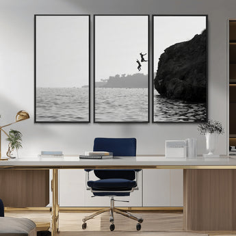 52284302-MGV-CV-36X24-Cliff Jumping Wall Art Canvas Print, Framed Ocean Adventure Art Picture Print, Black White Coast Perfect Modern Coastal Decor