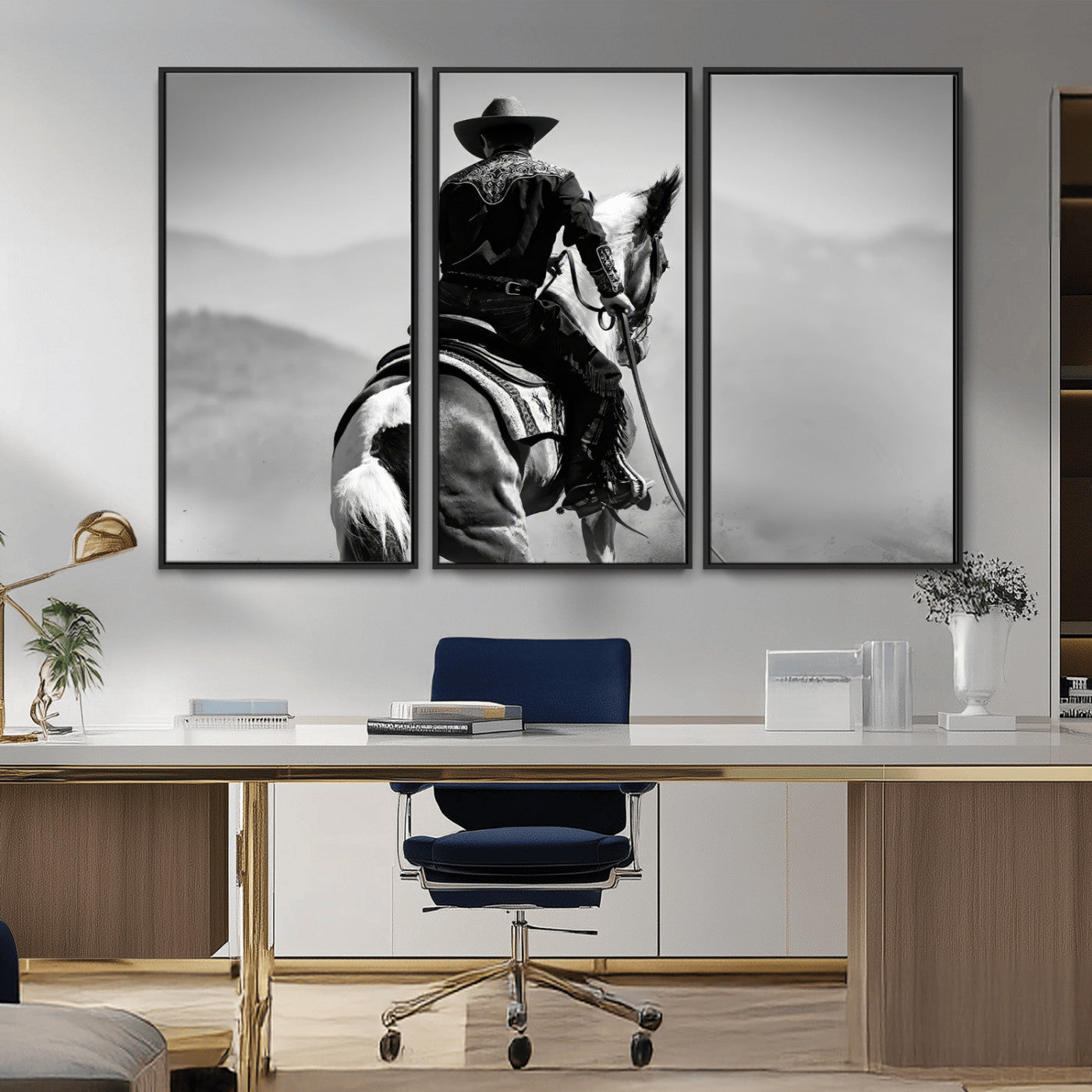 83102464-MGV-FC-48X32-3P_Black-Western Cowboy Wall Art Canvas Print, Framed Monochrome Horse Art Picture Print, Western Equestrian Perfect Rustic Western Decor