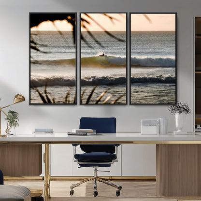 24896468-MGV-CV-36X24-Sunset Surf Wall Art Canvas Print, Framed Golden Waves Art Picture Print, Tropical Ocean Perfect Tropical Boho Decor Artwork
