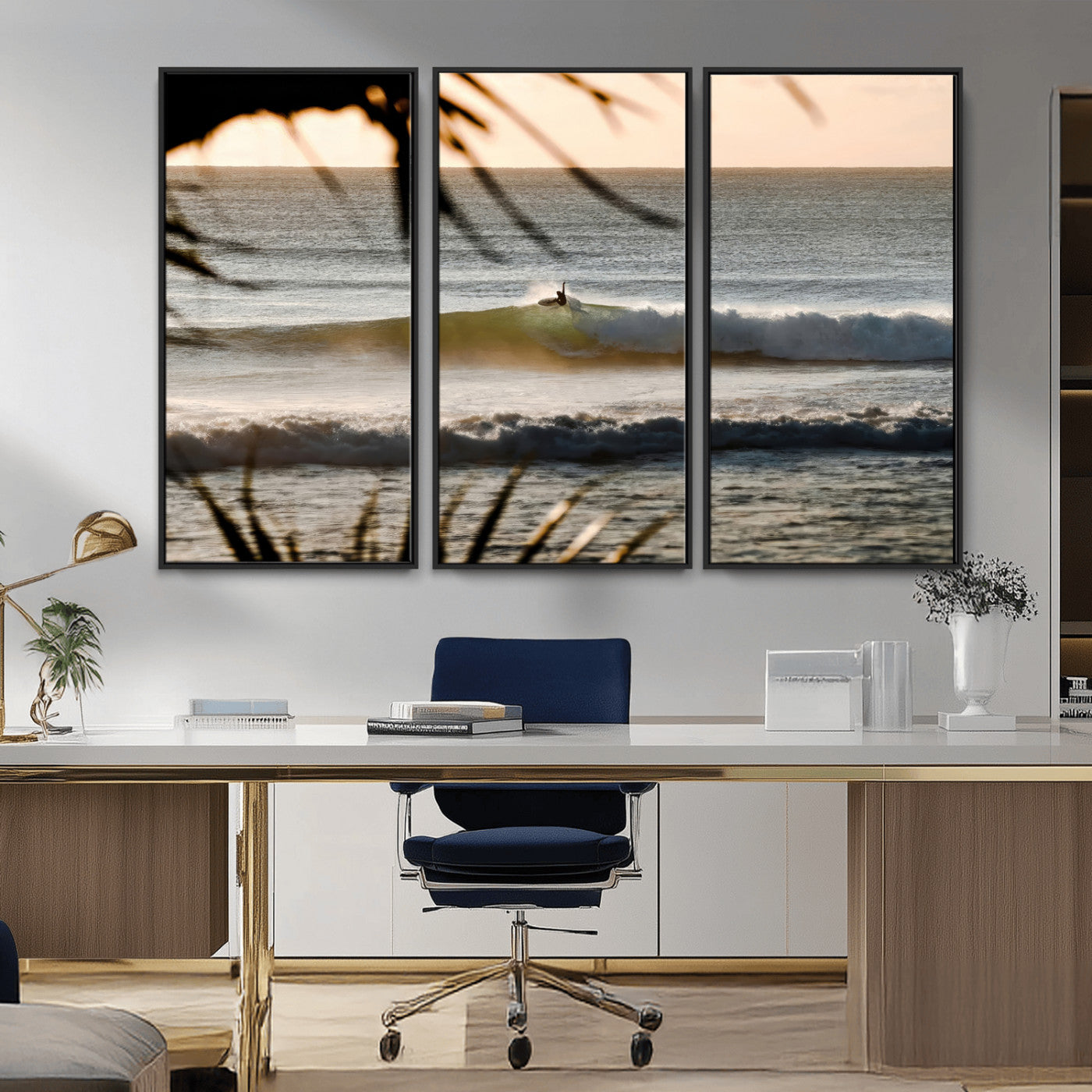 24896468-MGV-CV-36X24-Sunset Surf Wall Art Canvas Print, Framed Golden Waves Art Picture Print, Tropical Ocean Perfect Tropical Boho Decor Artwork