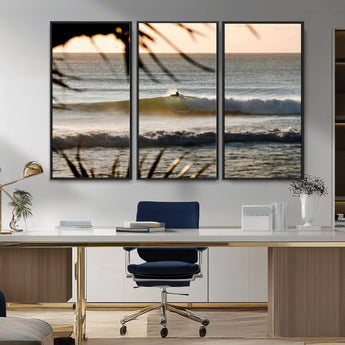 24896468-MGV-CV-36X24-Sunset Surf Wall Art Canvas Print, Framed Golden Waves Art Picture Print, Tropical Ocean Perfect Tropical Boho Decor Artwork
