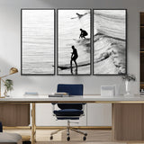 19875284-MGV-CV-36X24-Surfer Waves Wall Art Canvas Print, Framed Black White Surf Art Picture Print, Monochrome Ocean Perfect Modern Coastal Decor