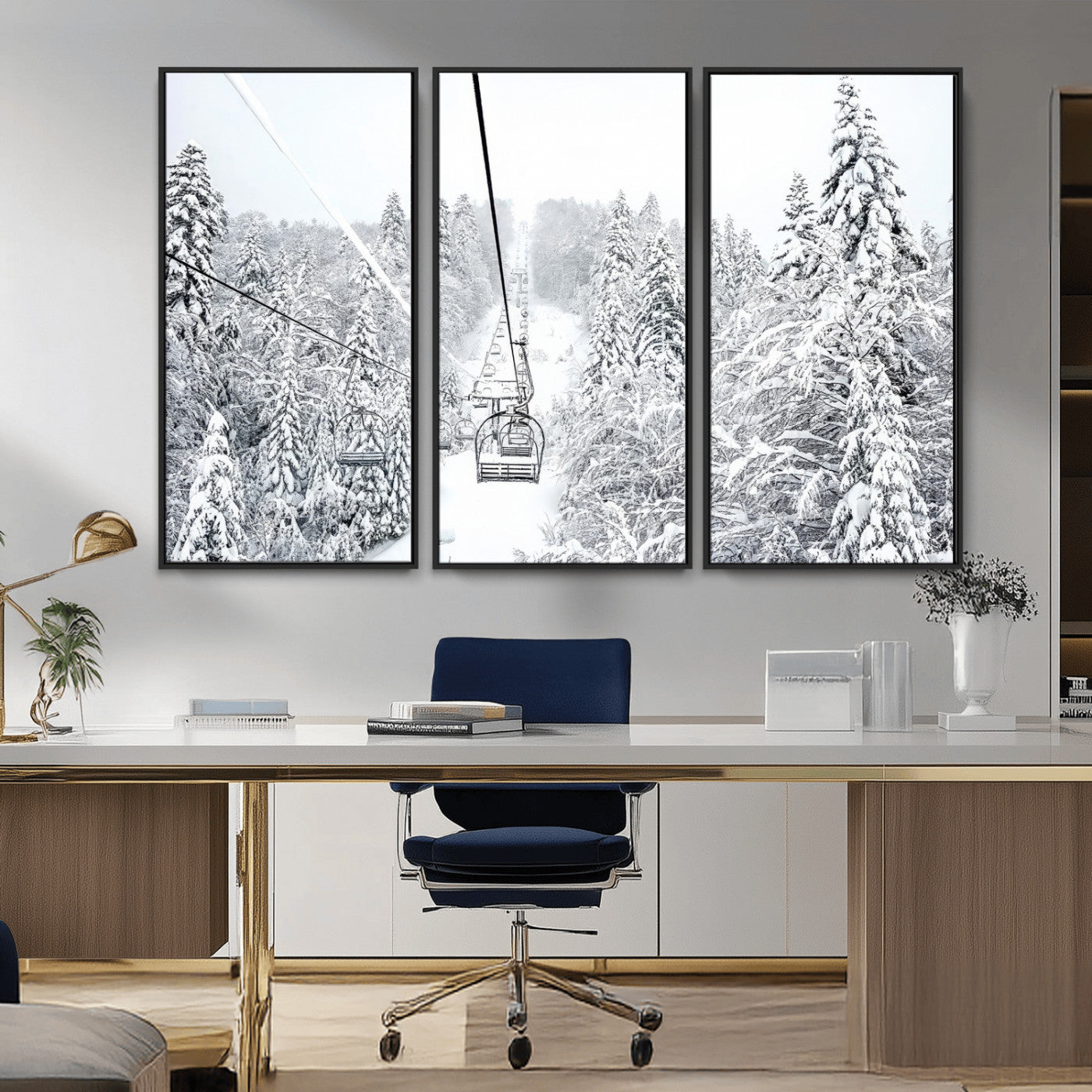 44705668-MGV-CV-36X24-Winter Forest Wall Art Canvas Print, Framed Snowy Forest Art Picture Print, Ski Lift Perfect Scandinavian Decor Artwork