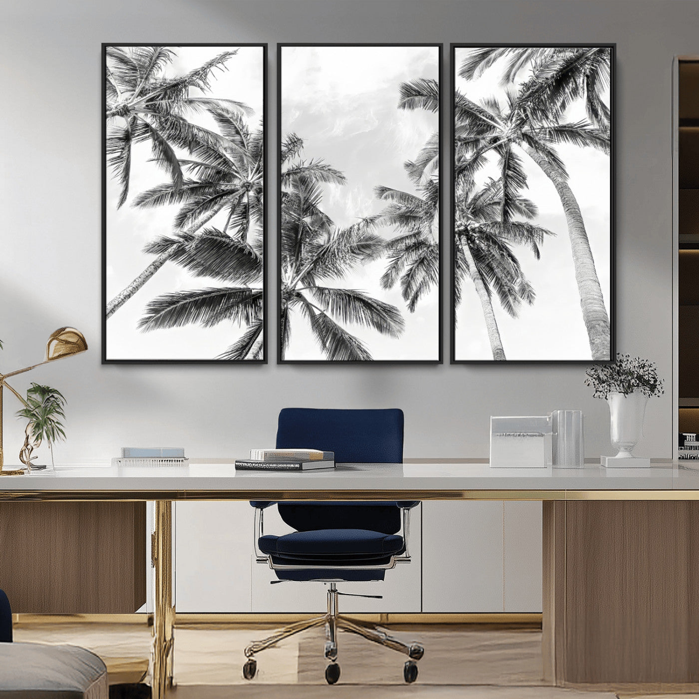 62113786-MGV-CV-36X24-Black White Palm Wall Art Canvas Print, Framed Monochrome Tropics Art Picture Print, Minimalist Beach Perfect Coastal Minimalist