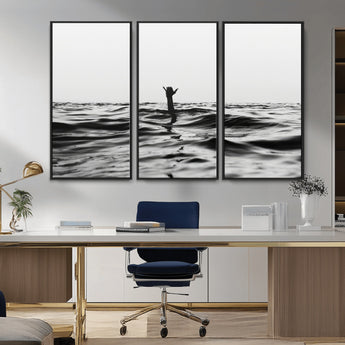 69541918-MGV-FC-48X32-3P_Black-Black White Ocean Wall Art Canvas Print, Framed Moody Seascape Art Picture Print, Surfer Sign Perfect Moody Minimalist Decor