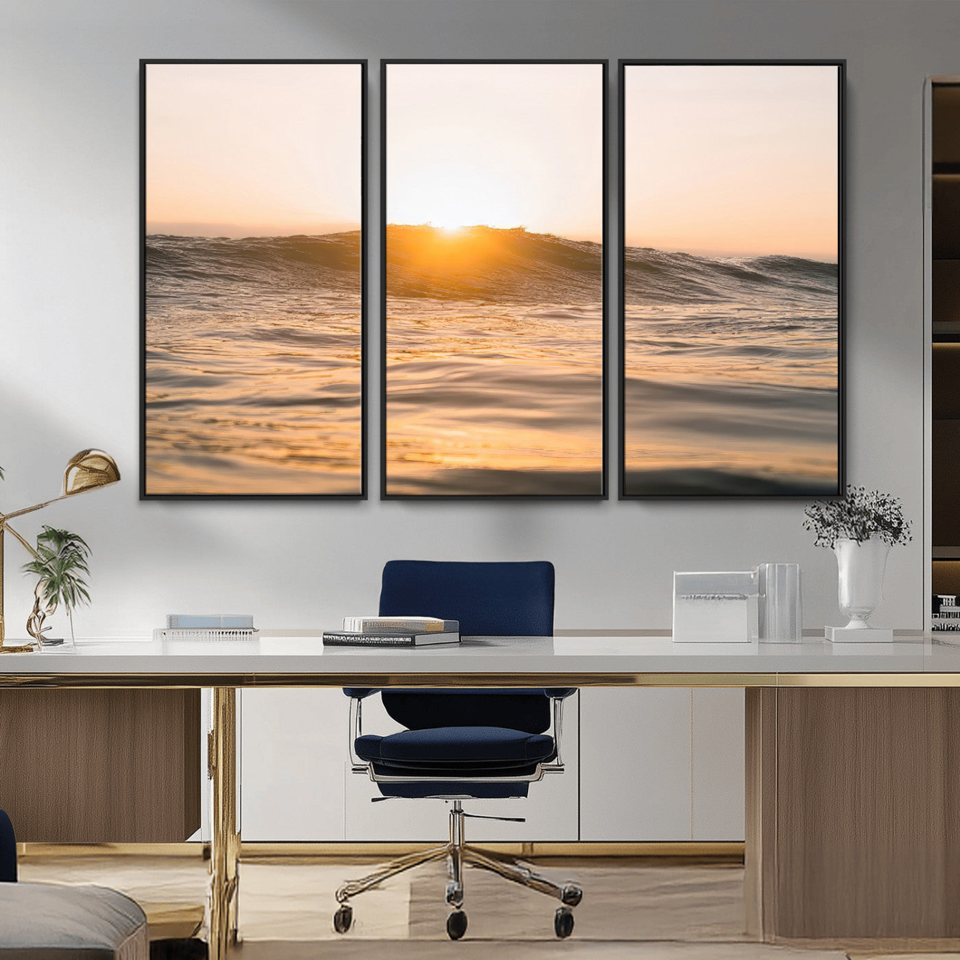 16973771-MGV-CV-36X24-Calm Water Wall Art Canvas Print, Framed Sunset Waves Art Picture Print, Coastal Warmth Perfect Warm Minimalist Decor Artwork