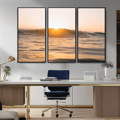 16973771-MGV-CV-36X24-Calm Water Wall Art Canvas Print, Framed Sunset Waves Art Picture Print, Coastal Warmth Perfect Warm Minimalist Decor Artwork