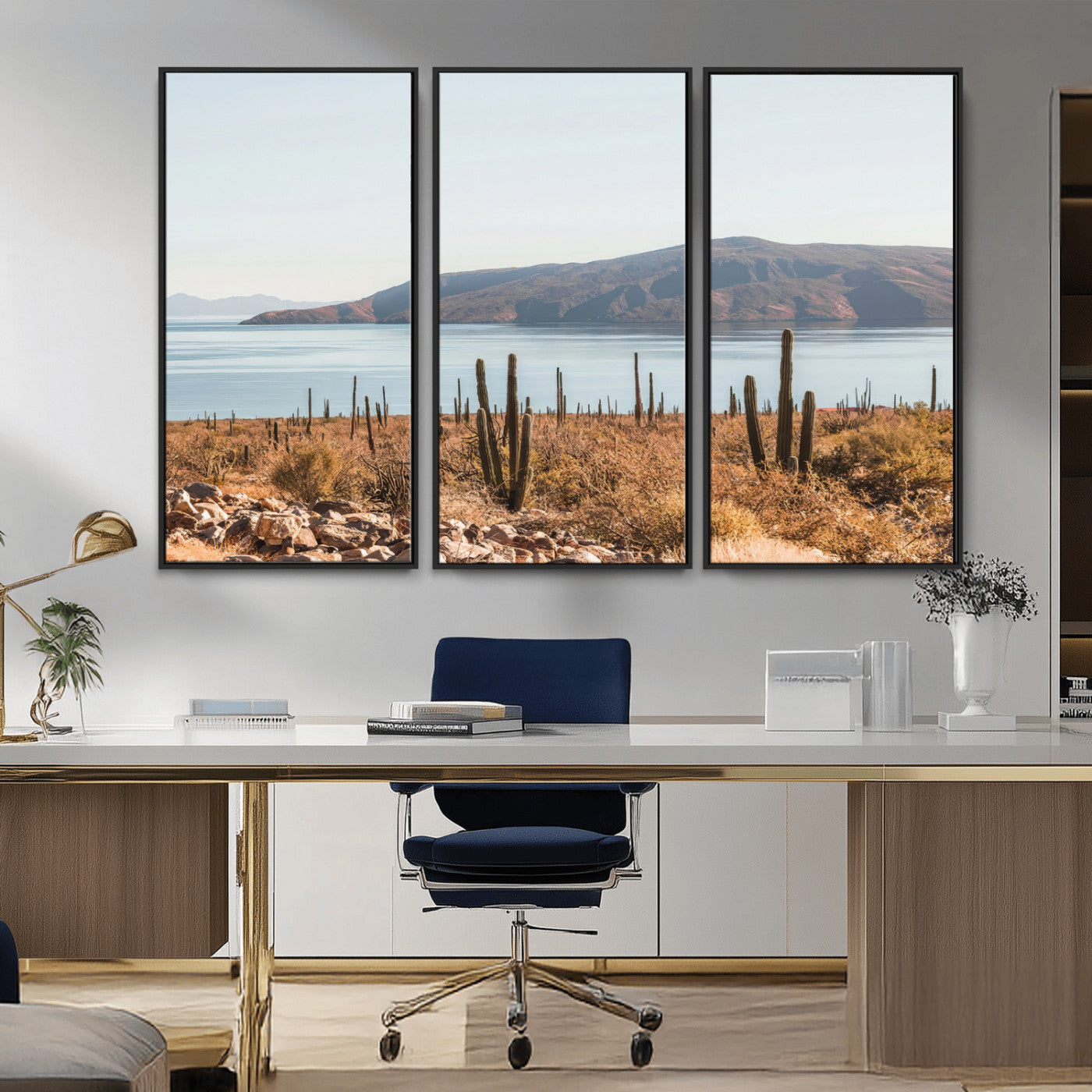 45193515-MGV-CV-36X24-Desert Cactus Wall Art Canvas Print, Framed Baja Coastline Art Picture Print, Coastal Desert Perfect Southwestern Minimalist Decor