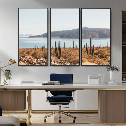 45193515-MGV-CV-36X24-Desert Cactus Wall Art Canvas Print, Framed Baja Coastline Art Picture Print, Coastal Desert Perfect Southwestern Minimalist Decor