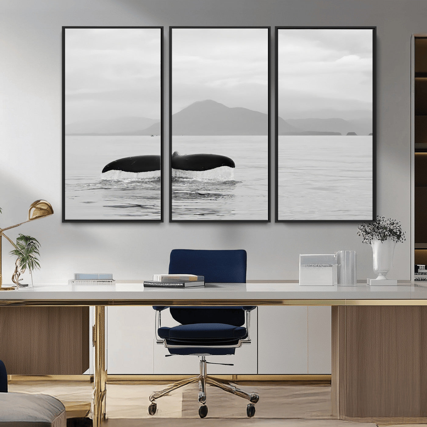 30524220-MGV-CV-36X24-Whale Tail Wall Art Canvas Print, Framed Black White Ocean Art Picture Print, Calm Marine Perfect Minimalist Coastal Decor Artwork