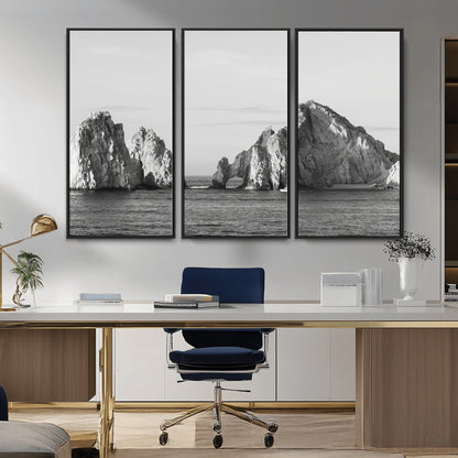 18810731-MGV-CV-36X24-Rugged Coastline Wall Art Canvas Print, Framed Ocean Cliffs Art Picture Print, Monochrome Seascape Perfect Coastal Minimalist