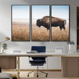 99620201-MGV-CV-36X24-Wild Bison Wall Art Canvas Print, Framed Bison in Prairie Art Picture Print, Rustic Western Perfect Rustic Western Decor Artwork