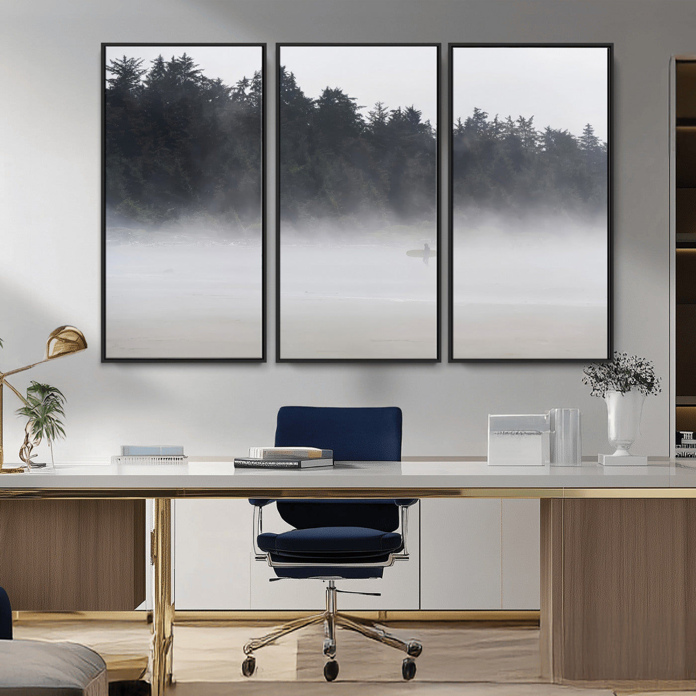 59703275-MGV-CV-36X24-Surfer in Fog Wall Art Canvas Print, Framed Foggy Beach Art Picture Print, Coastal Surf Perfect Moody Coastal Decor Artwork