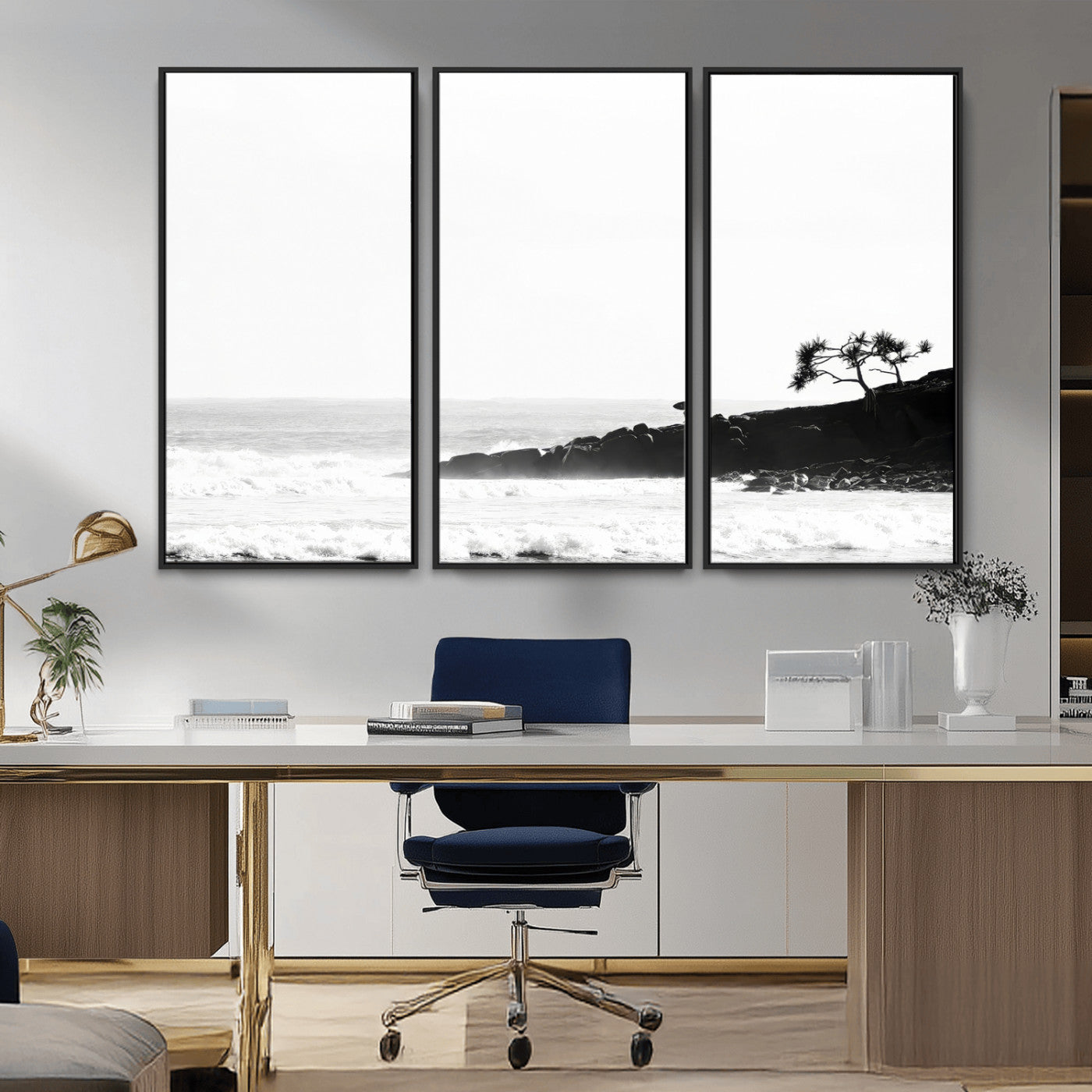 40875891-MGV-CV-36X24-SurferCliffs Wall Art Canvas Print, Framed Black White Beach Art Picture Print, Ocean Waves Perfect Minimalist Coastal Decor