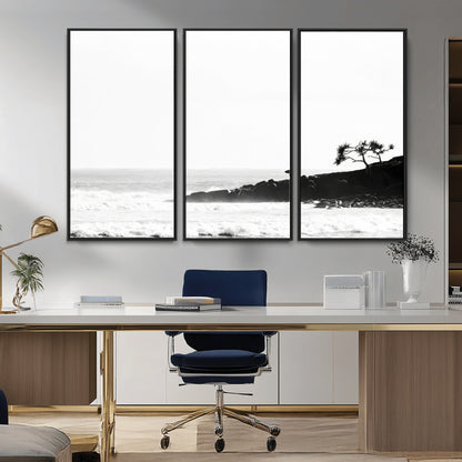 40875891-MGV-CV-36X24-SurferCliffs Wall Art Canvas Print, Framed Black White Beach Art Picture Print, Ocean Waves Perfect Minimalist Coastal Decor