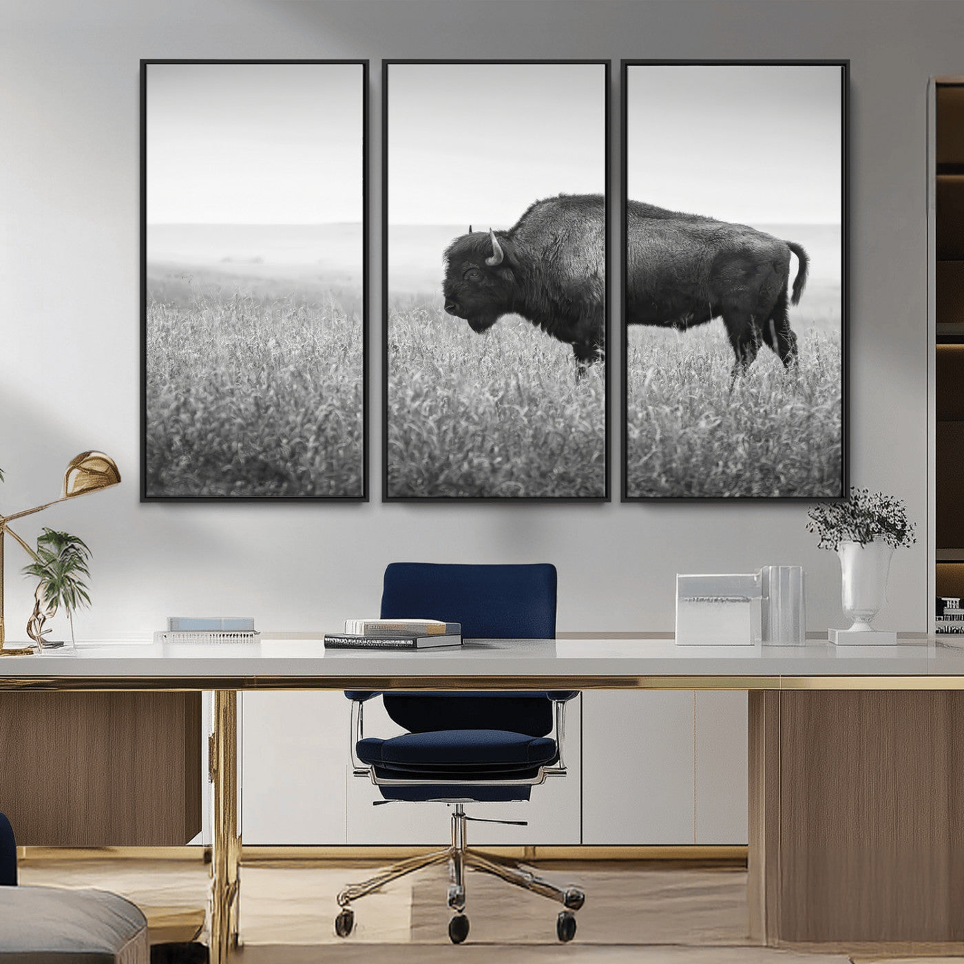 28435251-MGV-CV-36X24-Bison In Prairie Wall Art Canvas Print, Framed Rustic Wildlife Art Picture Print, Wild Buffalo Perfect Rustic Western Decor