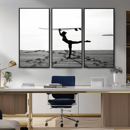 28441356-MGV-CV-36X24-Yoga Surf Wall Art Canvas Print, Framed Black White Shore Art Picture Print, Peaceful Ocean Perfect Minimalist Coastal Decor
