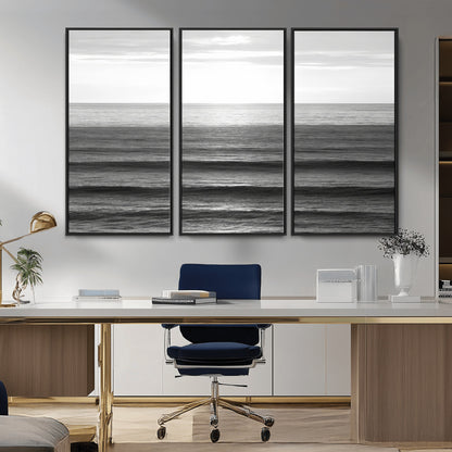 47305203-MGV-FC-48X32-3P_Black-Monochrome Ocean Wall Art Canvas Print, Framed Moody Ocean Art Picture Print, Calm Ocean Perfect Minimalist Coastal Decor Artwork