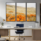 28972262-MGV-FC-48X32-3P_Black-Golden Wildflowers Wall Art Canvas Print, Framed Hills Bloom Art Picture Print, Poppy Meadow Perfect Rustic Nature Decor Artwork