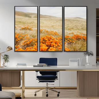 28972262-MGV-FC-48X32-3P_Black-Golden Wildflowers Wall Art Canvas Print, Framed Hills Bloom Art Picture Print, Poppy Meadow Perfect Rustic Nature Decor Artwork