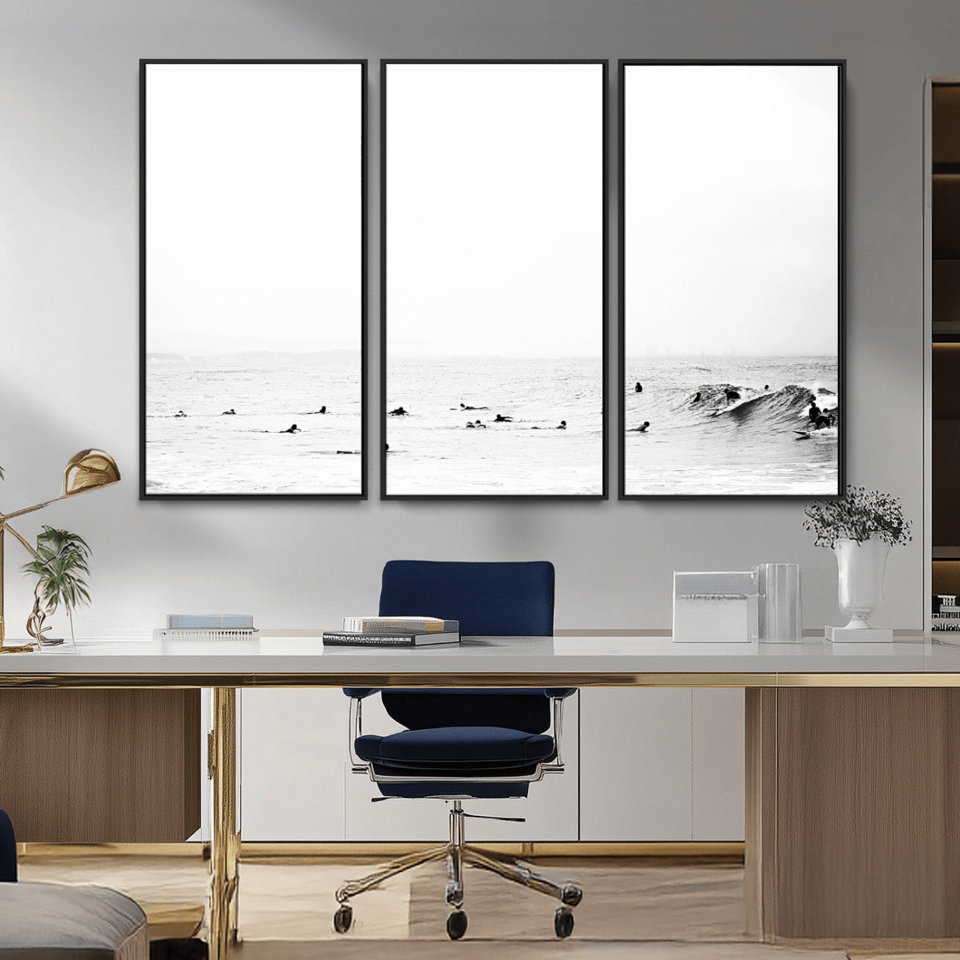 38441169-MGV-CV-36X24-Monochrome Swimming Wall Art Canvas Print, Framed Ocean Horizon Art Picture Print, Moody Coastal Perfect Minimalist Coastal Decor