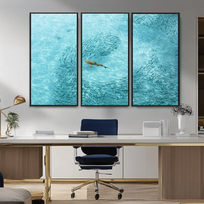 43671474-MGV-CV-36X24-Fish Swarm Wall Art Canvas Print, Framed Marine Life Art Picture Print, Shark Aerial Perfect Wildlife Coastal Decor Artwork