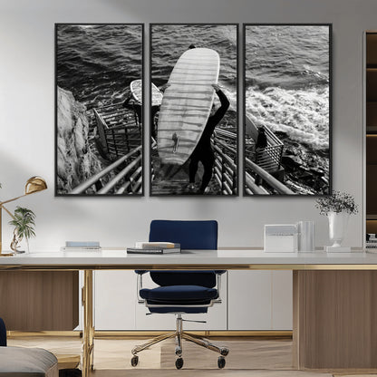 32353707-MGV-CV-36X24-Black White Surfing Wall Art Canvas Print, Framed Coastal Surfing Art Picture Print, Wave Riders Perfect Coastal Adventure Decor