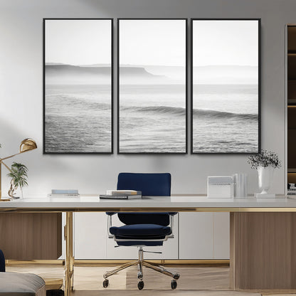 60635783-MGV-CV-36X24-Black White Seascape Wall Art Canvas Print, Framed Ocean Waves Art Picture Print, Misty Coastal Perfect Minimalist Coastal Decor