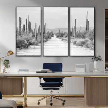 35537313-MGV-CV-36X24-Monochrome Desert Wall Art Canvas Print, Framed Cactus Path Art Picture Print, Southwestern Landscape Perfect Southwestern